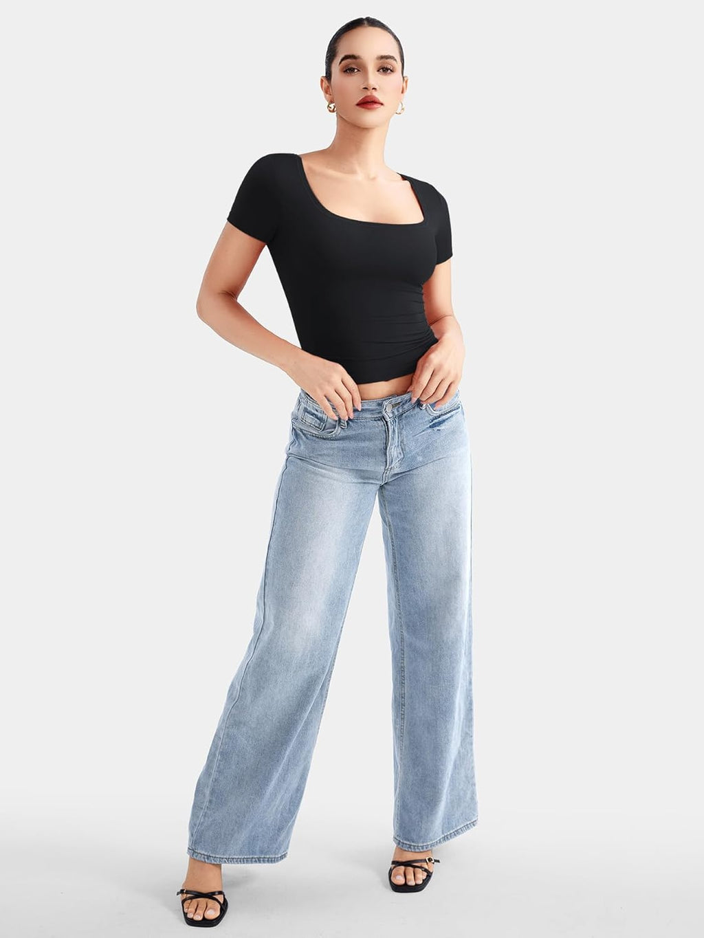 YEOREO Women's Slim Fit Crop Top - Short Sleeve Scoop Neck - Double Lined - Black