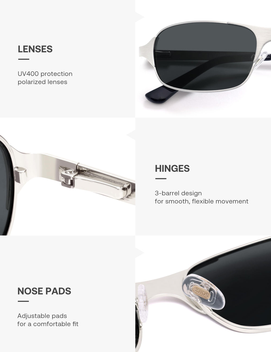 SOJOS Retro Rectangle Polarized Sunglasses for Men Women, 70s 80s Vintage Small Square Sunnies SJ1267, Brushed Silver/Grey