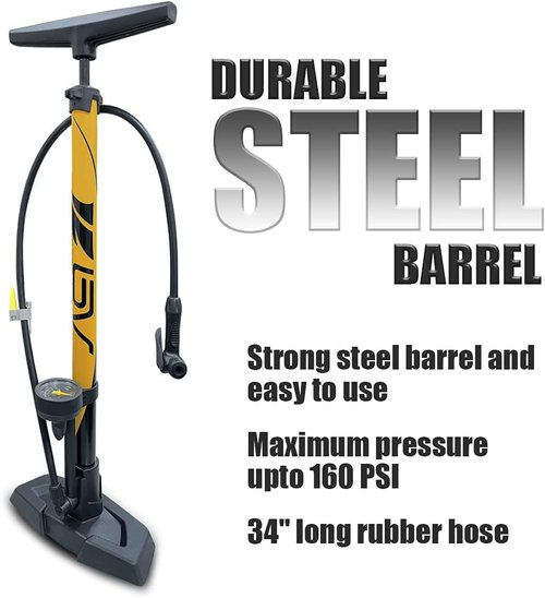 BV Bicycle Pump - Durable Floor Pump with Smart Valve Head | 160 PSI, Automatically Reversible Presta & Schrader