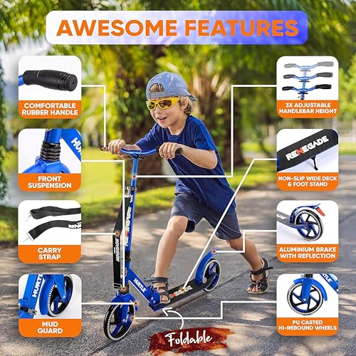 Hurtle Renegade Blue Kids & Teen Folding Kick Scooter - Adjustable T-Bar, Alloy Deck