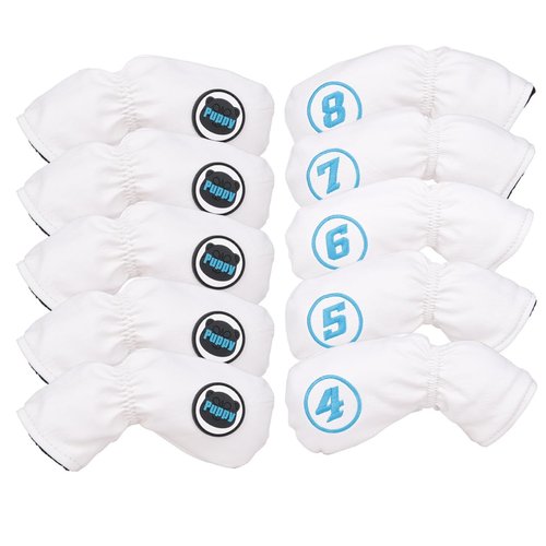10pcs/Set White Leather with Puppy Design Golf Club Iron Head Covers 4-9, Pw,Sw,Aw,Blank One Fit Right Hand Irons