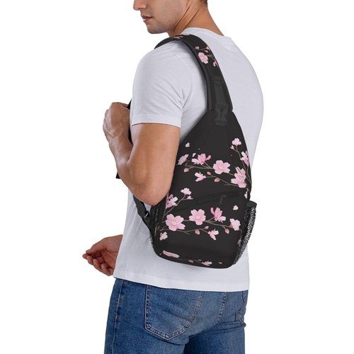 SURERUIM Cherry Blossom Sling Bag Abstract Japanese Pink Flowers and Petals on Branch Crossbody Backpack Cute Floral Print Chest Shoulder Bag Casual Sports Travel Hiking Daypack for Women Men