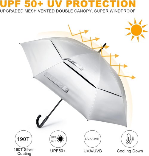 G4Free 52-Inch UV Protection Umbrella - Automatic Open Hook Handle for Rain & Sun (Silver/Black)