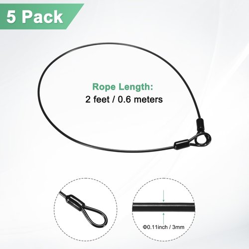 M METERXITY 5-Pack Security Cable Lock, 2FT 3mm PVC Coated Stainless Steel Luggage Lock Wire Rope with Double Loop for Travel/Gate/Bike, Cut-Resistant Braided Steel Cable [Black]