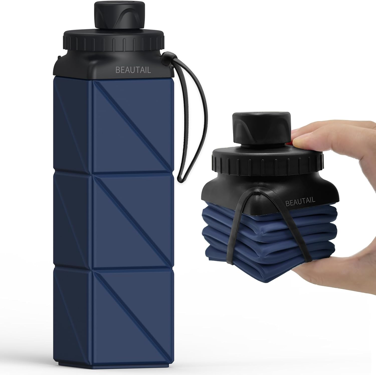 Skiennix Collapsible Water Bottle - BPA-Free Silicone, 610ml Leakproof Design for Travel & Sports | Dark Blue