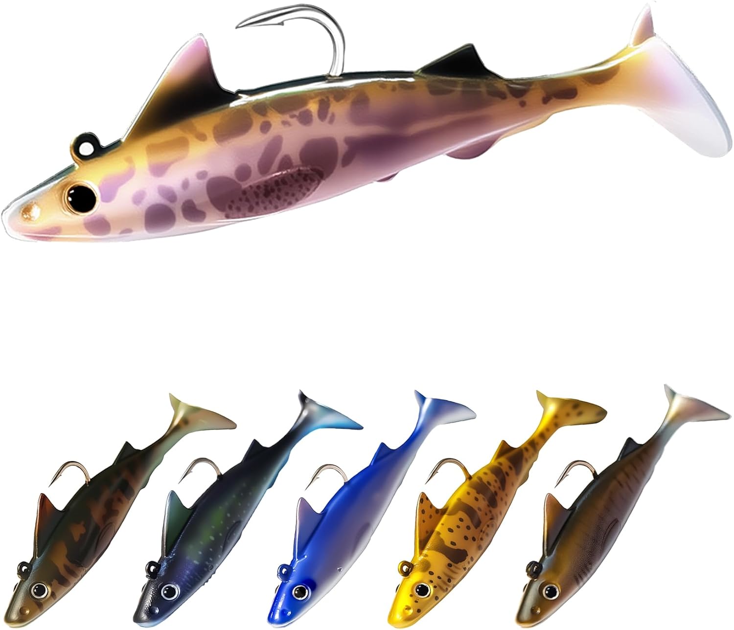 Pristis Fishing Lures - 6 Pcs Sharkita Jig Head Soft Baits | Durable Pre-Rigged Paddle Tail Set for Bass & Trout