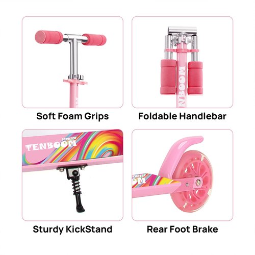 TENBOOM Scooter Toys for Kids Ages 6-12/3-5, Max Load 220 LBS, Foldable Lightweight Kick Scooter with Light Up Wheels, Kickstand, 3 Adjustable Levels, Rear Brake, Pink