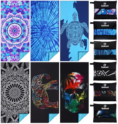 Gomust 6 Pack Oversized Microfiber Beach Towels 71x32in Turtle Tie Dye Mandala Elephant Skull Pattern