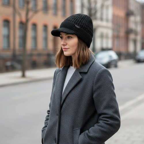 Lvaiz Womens Satin Lined Winter Beanie Hat with Brim Visor Warm Knit Cuffed Skull Baseball Cap Silk Lining Hat for Men Black