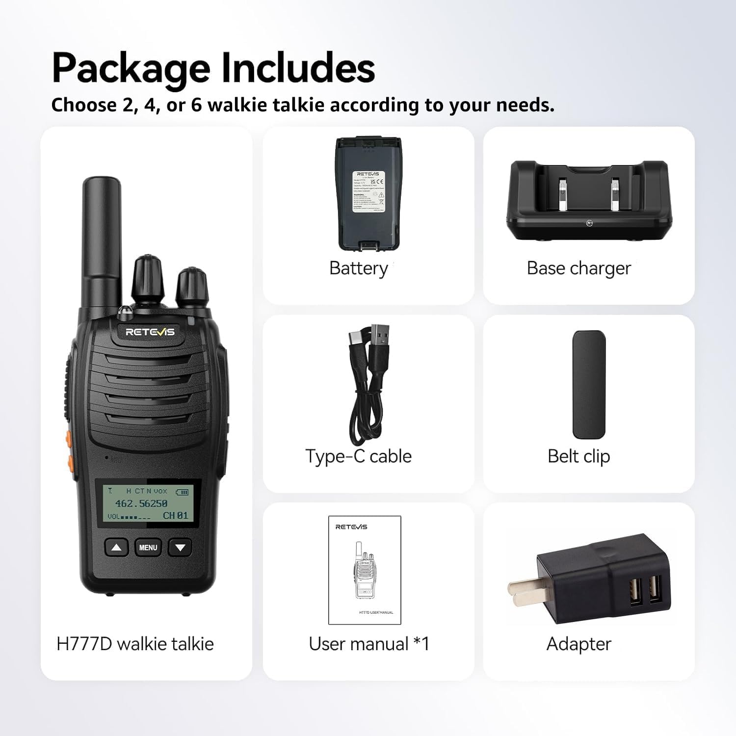 Retevis H777D 2 Way Radio with LCD Display, 2 Pcs, NOAA, USB-C Charging, VOX, Handheld Rechargeable Walkie Talkies, Durable Two Way Radios Long Range for Hunting Camping Off-Road