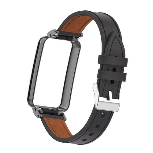 T-BLUER Compatible with Xiaomi Mi Band 7 Pro Band,Mi Band 7 Pro Leather Replacement Bracelet Strap Wristband Accessories with Metal Frame for Xiaomi Mi Smart Band 7 Pro,Black