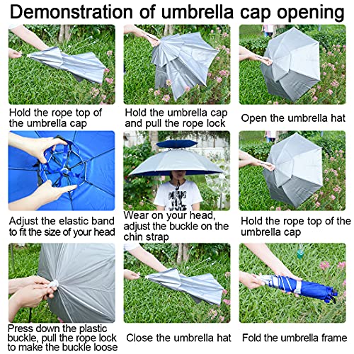 Oversized Silver Folding Sun Rain Umbrella Hat with Adjustable Chin Strap - Waterproof Headwear for Fishing Gardening Golf