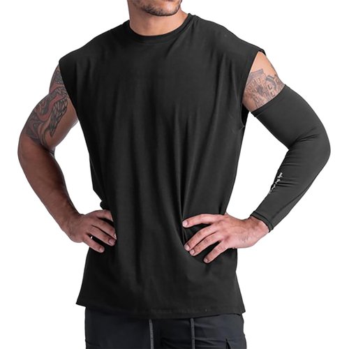 GINTPK Men's Crewneck Sleeveless Athletic Tank Top Performance Workout Muscle Tees Cotton Gym Cutoff Shirt Oversize Black Sleeveless T Shirts XL