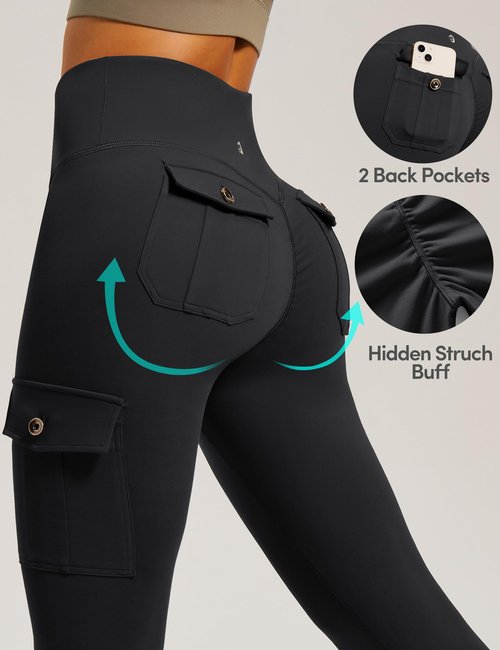 IUGA Butt Lifting Leggings for Women High Waisted Workout Cargo Leggings with Pockets Gym Yoga Pants Tummy Control Black