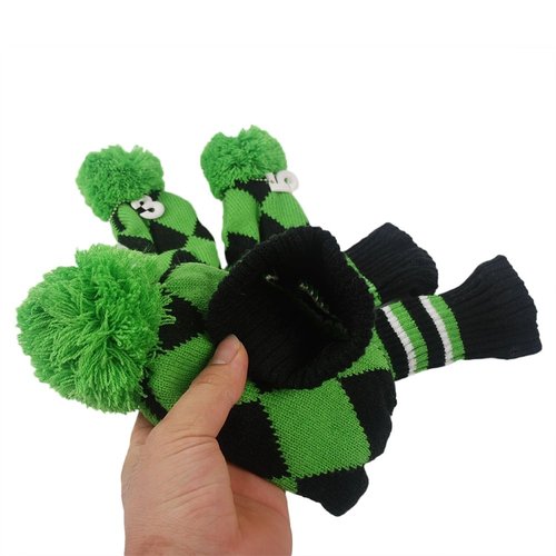 HIFROM 3pcs/Set Golf Club Argyle Knit Head Covers Headcovers Vintange Pom Pom Sock Covers 1-3-5 Replacement for Driver & Woods Green & Black