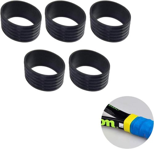 Sluswallow 5Pcs Black Tennis Racket Handle Rubber Ring Stretchy Tennis Racquet Band Overgrips, Tennis Racket Grips Racquet Accessories