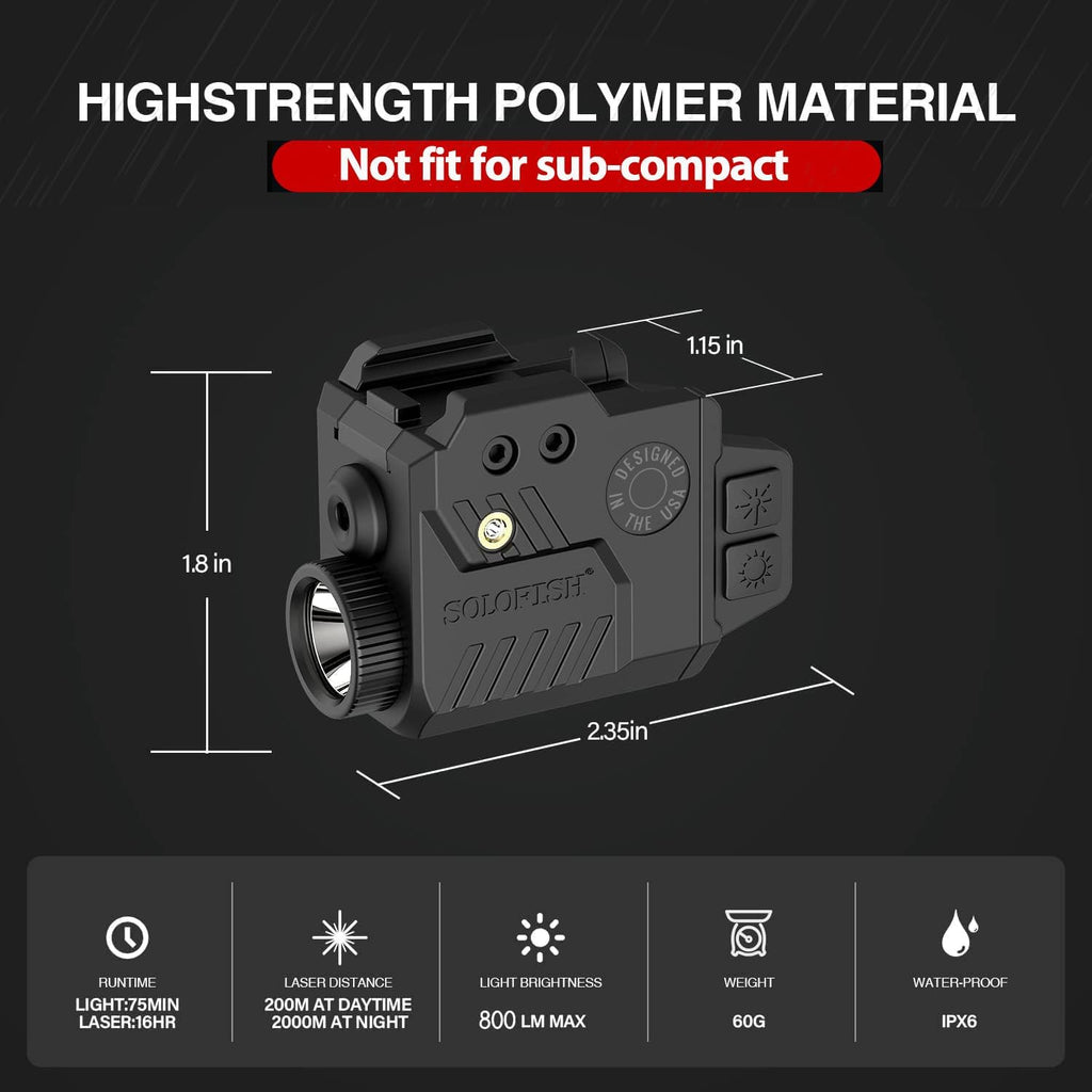Solofish Pistol Light Laser Combo - 800 Lumens Tactical Light with Strobe Function | Fits Rail Guns