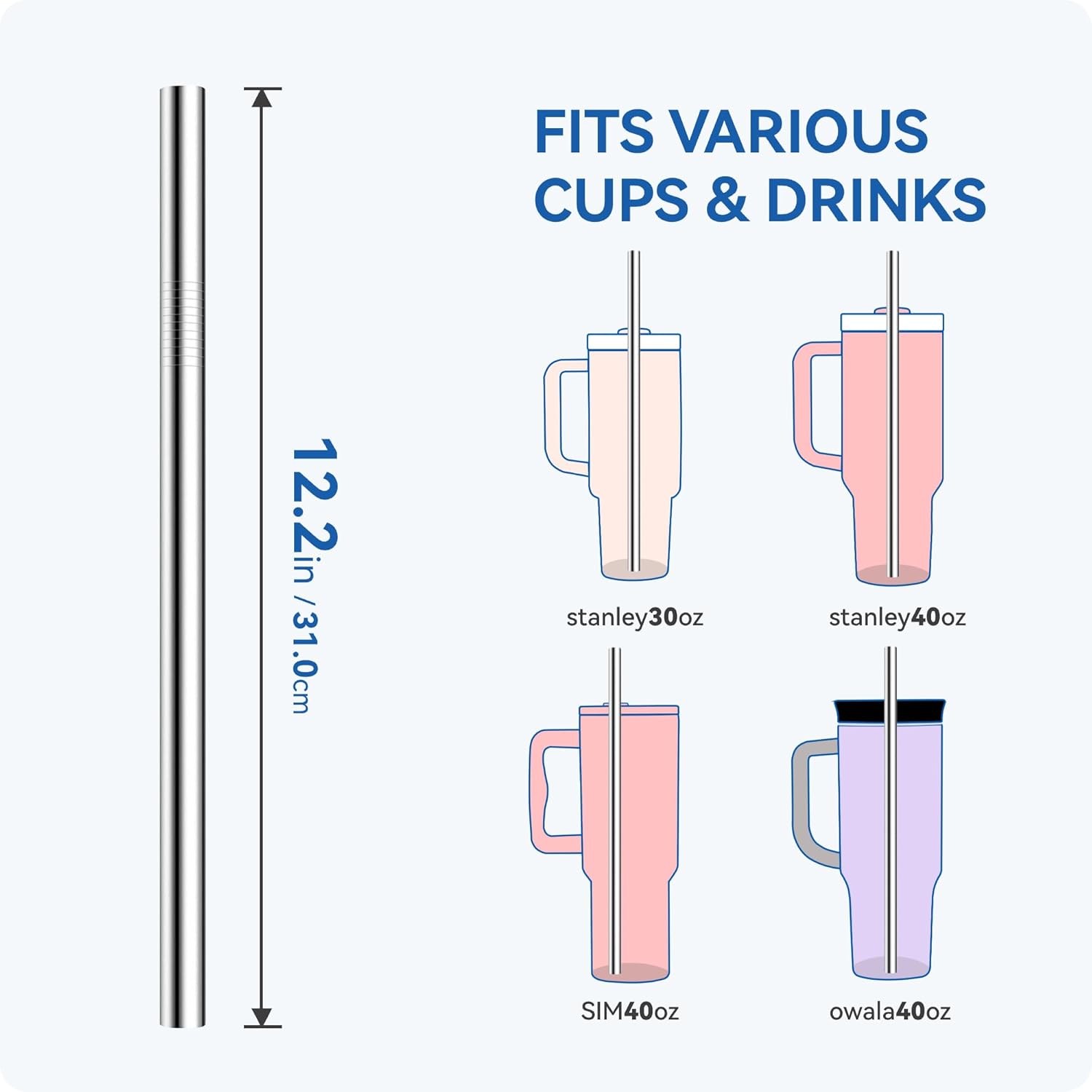 Skiennix Reusable Straight Straws - 4 Pack of 12.2" Stainless Steel Straws for Stanley & Owala Cups | Dishwasher Safe, Perfect for Iced Drinks
