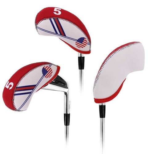 DBYAN Golf Iron Head Covers Set USA Flag Neoprene Golf Club Head Cover Wedge Iron Protective Case Head Covers Fit All Brands Titleist, Callaway, Ping, Taylormade, Cobra Etc,White & Red