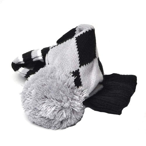 GOOACTION 3PCS Knitted Golf Head Covers 1-3-5 for Driver and Fairway Woods with Long Neck Design Vintage Argyle Gray and Black Sock Pom Pom Golf Club Head Covers Set