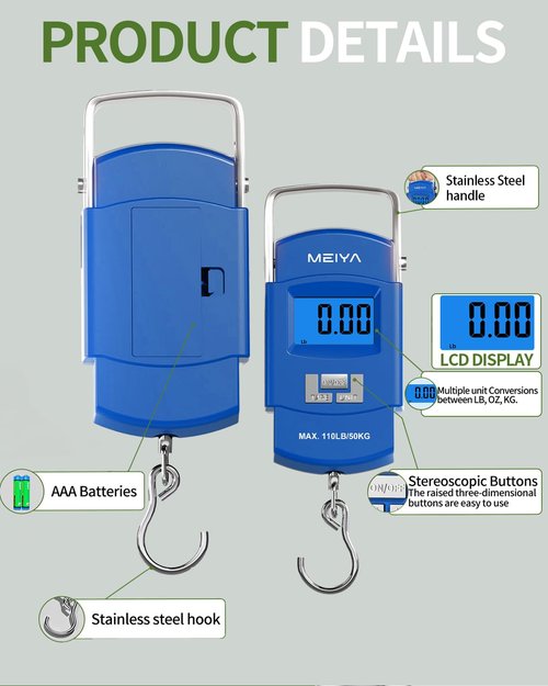 MEIYA Portable Digital Luggage Scale - 110lb Capacity, Backlit LCD Display, Includes 2 AAA Batteries | Ideal for Travel & Fishing