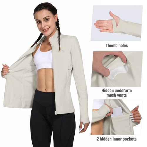 baleaf Running Jacket for Women Fleece Winter Water Resistant Full Zip Cold Weather Gear Thermal Cycling Workout Jackets Oatmeal Pink L