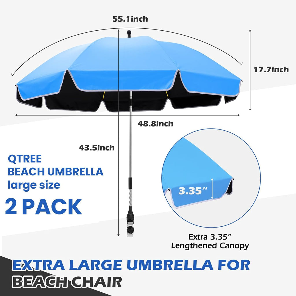 Umbrella 360°Adjustable Protection Stroller, 2 PACK 48.8" beach chair umbrella with clamp, high UV protection. 3 Adjustable areas 180°+360° for fishing, golf, beach, camping (chair not included)