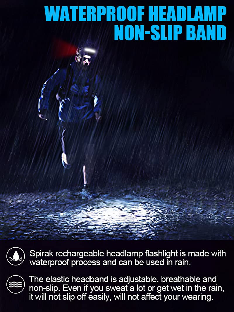 Spriak LED Headlamp Flashlight, 1000L 230° Broadbeam Headlight, USB C Rechargeable Head Lamp with Red Taillight, Lightweight Waterproof Headlamps for Camping Running Hiking, Hard Hat Headlamp 1Pack