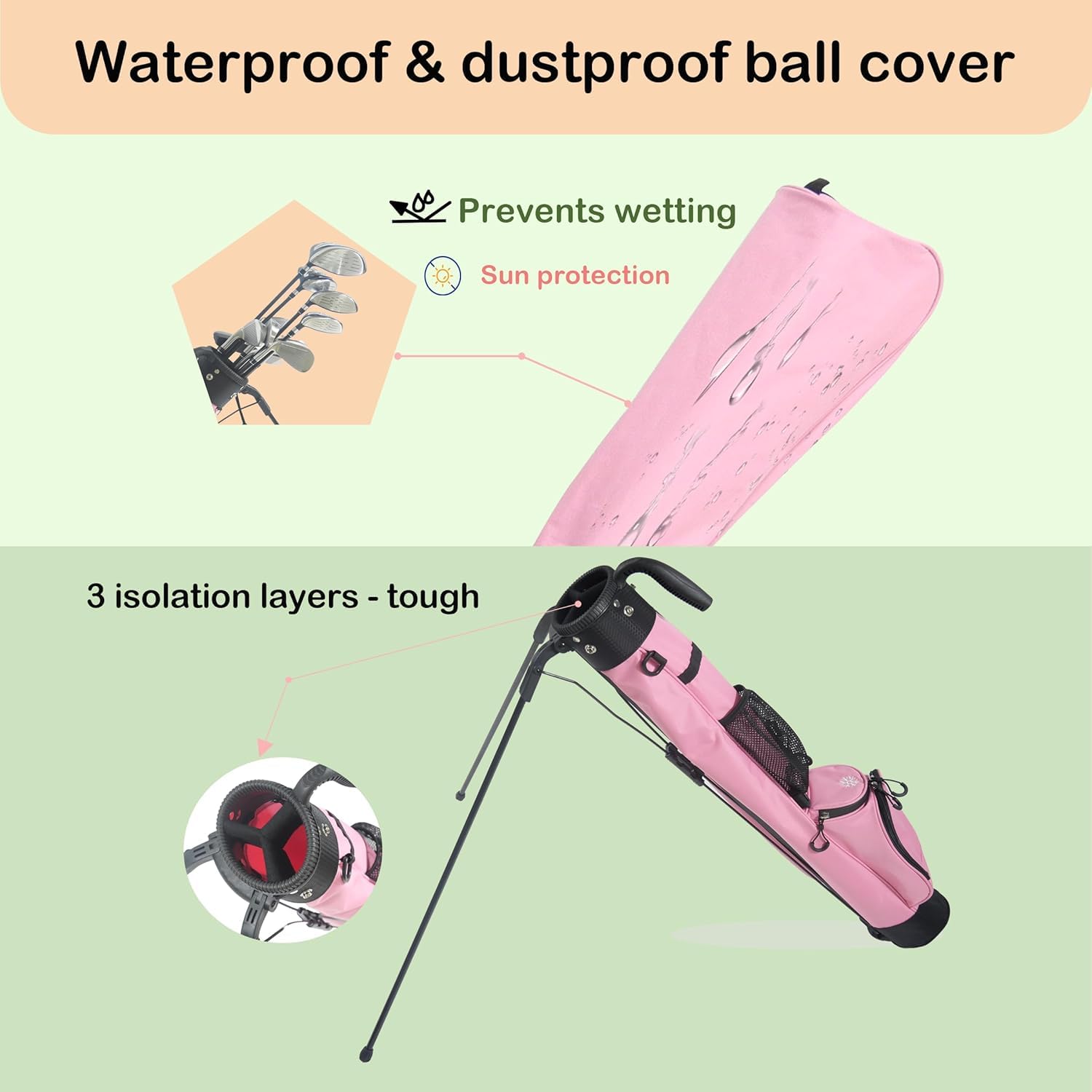 Sunday Golf Stand Bag Lightweight Golf Bag for Par 3 & Driving Range with 3 Zippered Pockets, Cooler Bag, Rain Hood and Adjustable Dual Strap System,Golf Club Carry Bag Suitable for Men & Women (Pink)