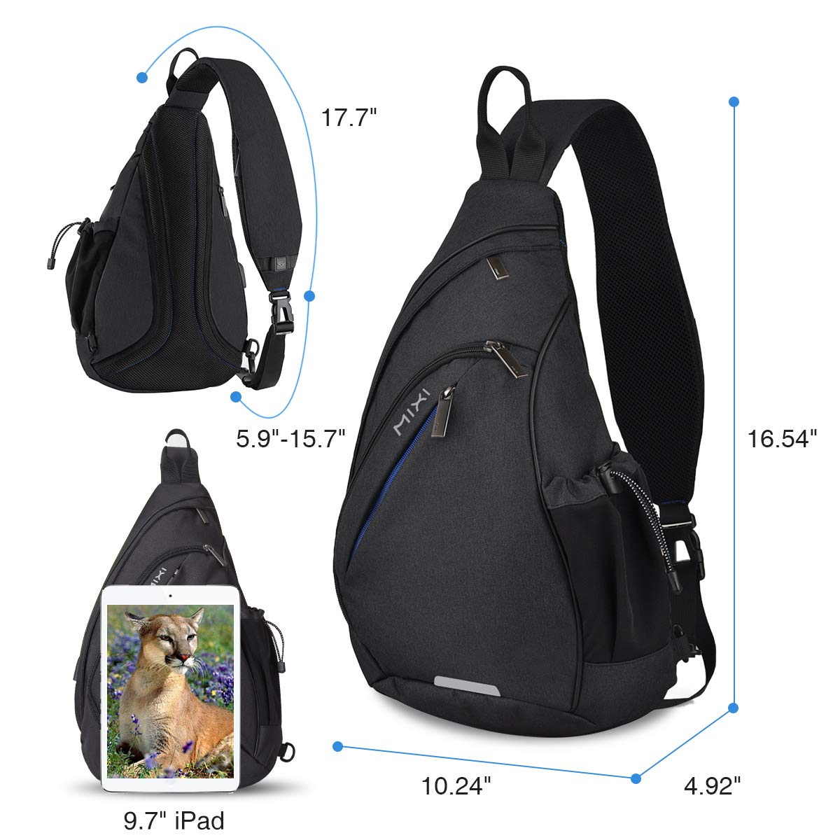 mixi Sling Bag Men Backpack Unisex One Shoulder Bag Hiking Travel Backpack Crossbody with USB Port for Men Women Versatile Casual Daypack-17 inch,Black