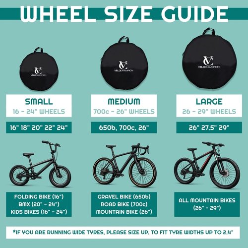 VeloChampion Waterproof Bicycle Wheel Bag Storage Cover | Mountain, Road, Gravel or Kids BMX | 650b. 700c. 16” 20” 24” 26” 27.5” 29” Bike Wheelset Transport Travel Case