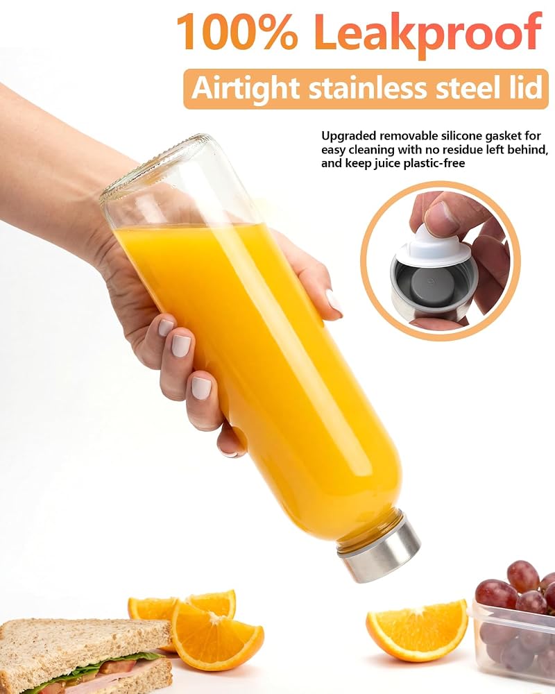 24 oz Clear Glass Juice Bottles with Stainless Steel Lids - 4 Pack (Variation: 24.0 fl oz, Silver Lids)