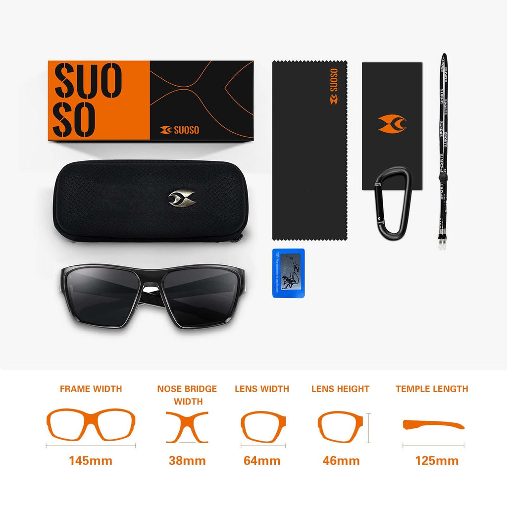 suoso Sports Polarized Sunglasses for Men: TR90 UV400 Protection Sun Glasses Womens Wrap Around Goggles for Drving Fishing Black