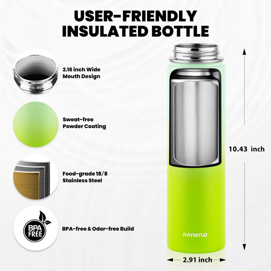 RAYMYLO Insulated Water Bottle 24 oz, Triple Wall Vacuum Stainless Steel (Cold for 24Hrs, Hot for 12Hrs), Leak Proof & Non-BPA, Modern Water Flask Jug with Paracord Handle & Straw Spout Lids