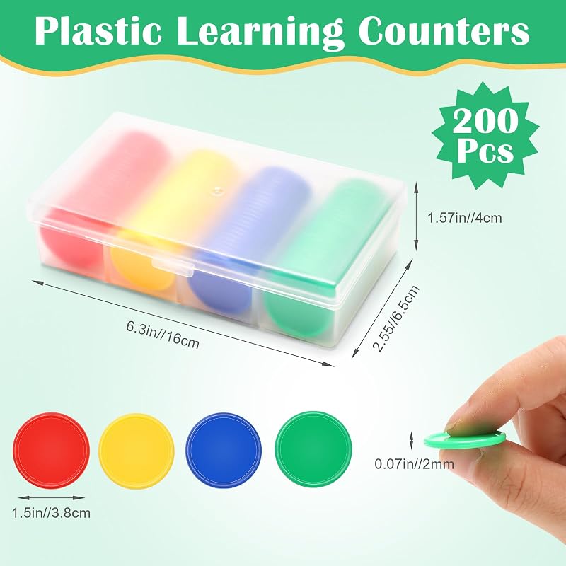 1.5" Plastic Learning Counters with Storage Box, 200 PCs 4 Colors (Green Red Blue Yellow) Educational Counting Chips