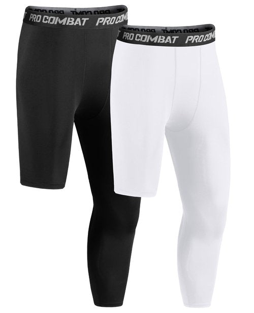 Niksa 1/2 Pack Men's Compression Pants, 3/4 One Leg Compression Tights Men Basketball Leg Sleeve Athletic Base Layer Leggings