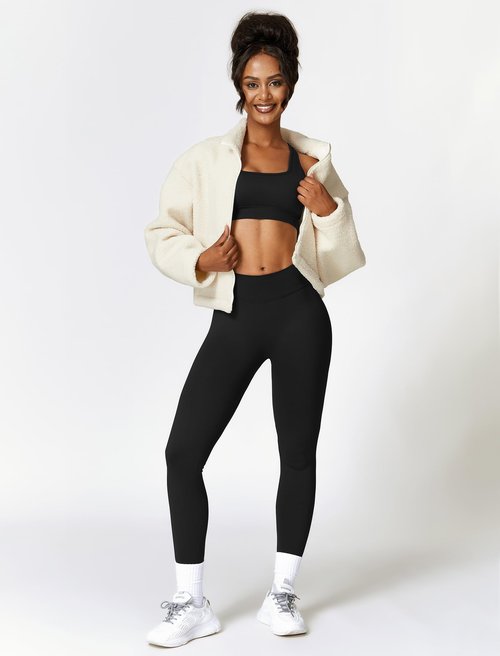 ABOCIW Workout Sets for Women 2 Piece Seamless V Back Scrunch Butt Lifting High Waist Leggings Cross Back Strappy Sports Bra for Women Gym Sets Y- Black Large
