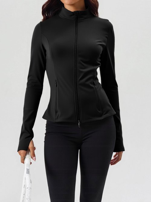 Fisoew Women's Zip Up Workout Jacket Pleated Lightweight Slim Fit Stand Collar Thumb Hole Tops with Pockets