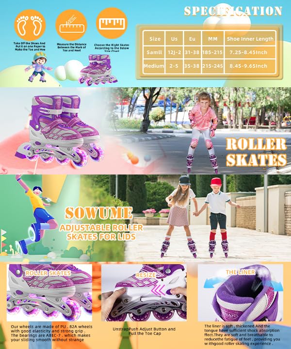 Uleetot Inline Skates for Boys, Girls,.Adjustable Light up Roller Skates Purple Holographic High Top Faux Leather Rollerskates for Beginner Indoor Outdoor (Medium-Big Kids(2-5 US))