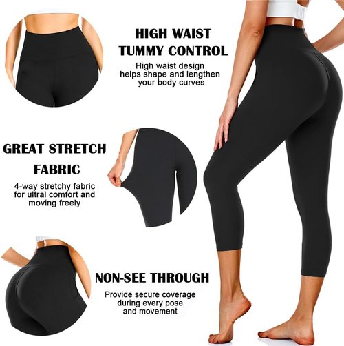FULLSOFT Capri Leggings for Women - High Waisted Tummy Control | 3 Pack Black Yoga Pants