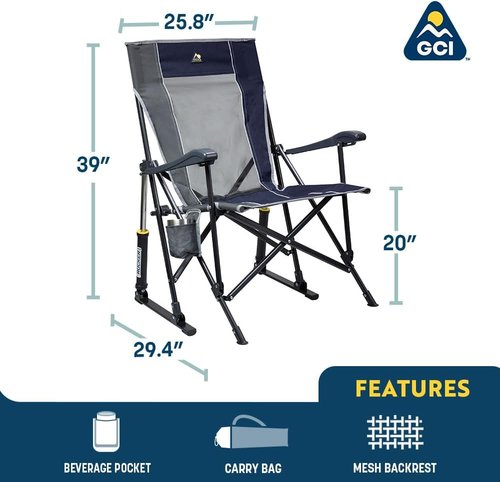 GCI Outdoor RoadTrip Rocker Camping Chair - Portable Folding Rocking Chair with Drink Holder & Extended Backrest | Indigo Blue