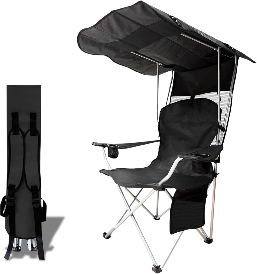 Skiennix Portable Camping Chair - Folding Lounge Chair with Canopy Shade & Cup Holder | Supports 330 LBS (Black)
