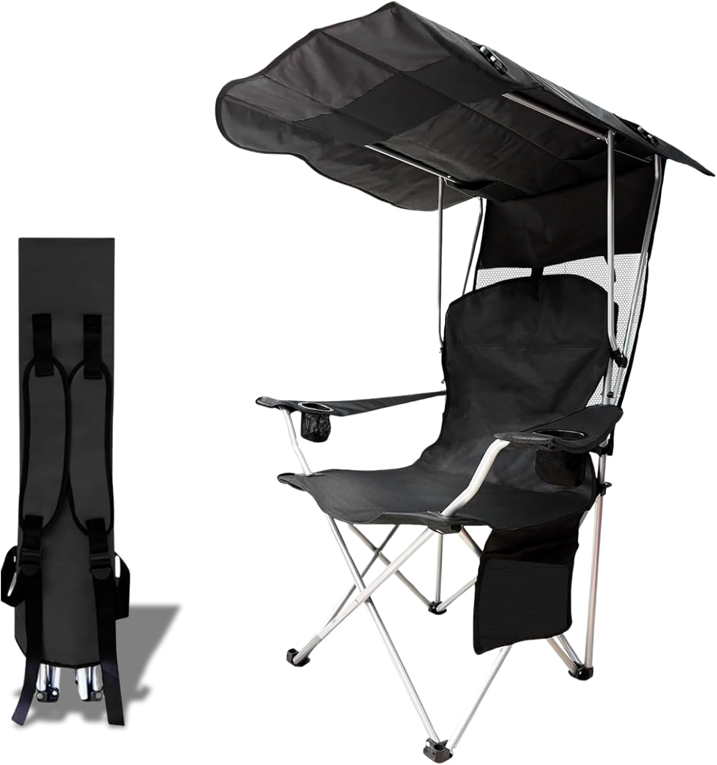 Skiennix Portable Camping Chair - Folding Lounge Chair with Canopy Shade & Cup Holder | Supports 330 LBS (Black)