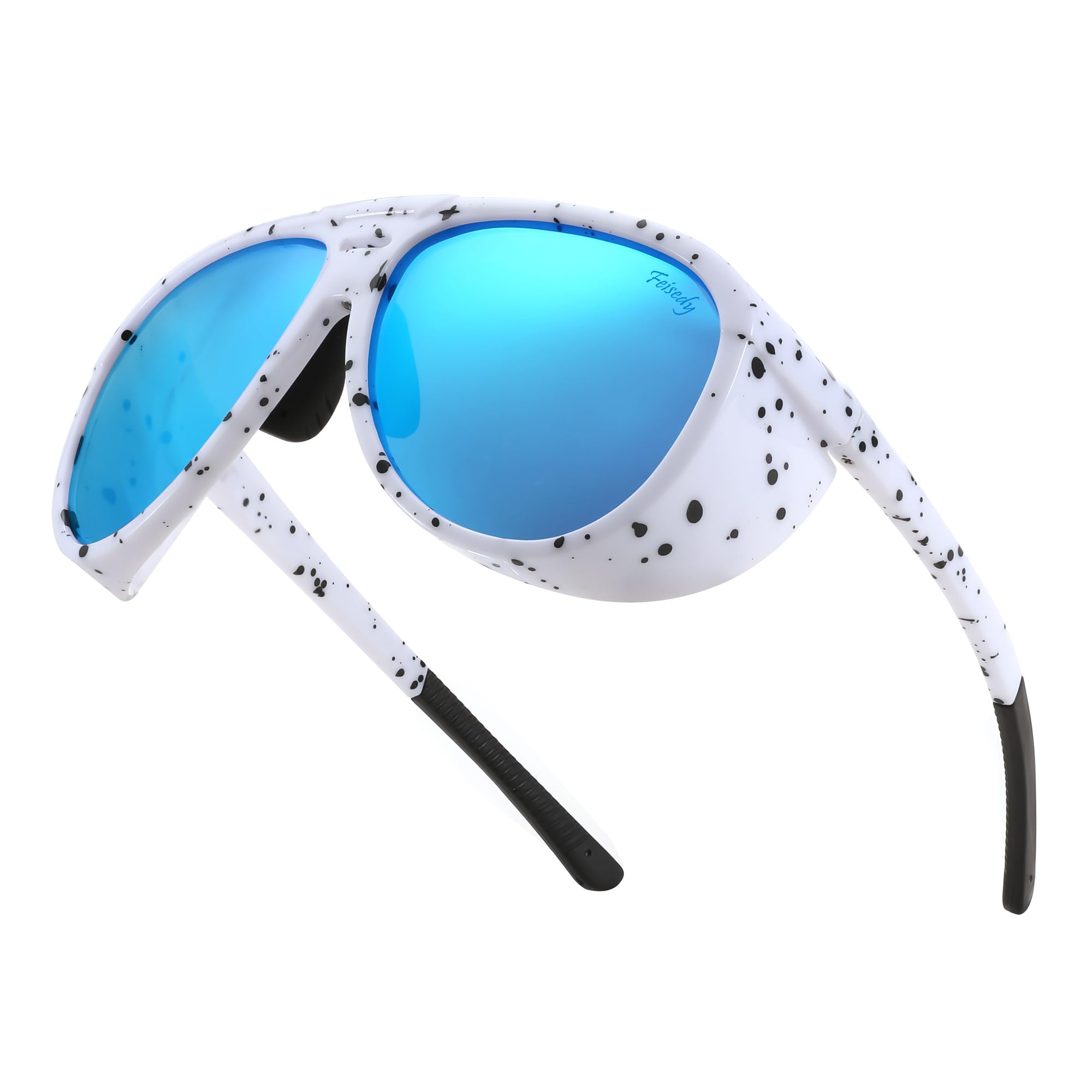 FEISEDY Polarized Aviator Sunglasses Men Women Oversized Round Steampunk Sunglasses Side Shield Goggles B0095