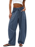 Dokuritu Barrel Pants Women Casual Drawstring Baggy Sweatpants Elastic Waist Wide Leg Lounge Pants with Pockets