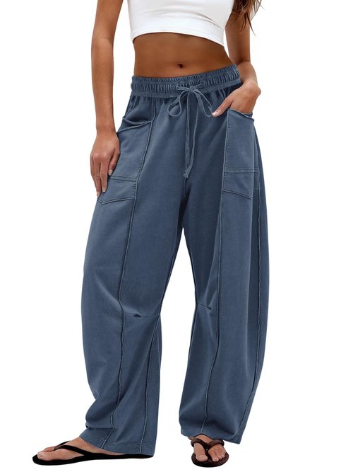 Dokuritu Barrel Pants Women Casual Drawstring Baggy Sweatpants Elastic Waist Wide Leg Lounge Pants with Pockets