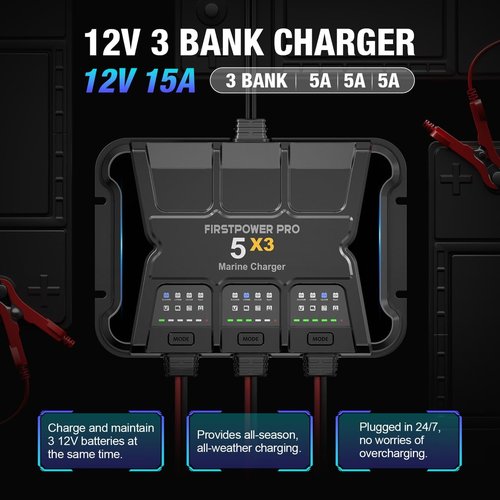 3 Bank Marine Battery Charger - 15A Waterproof Onboard Charger for SLA/AGM & Lithium Batteries
