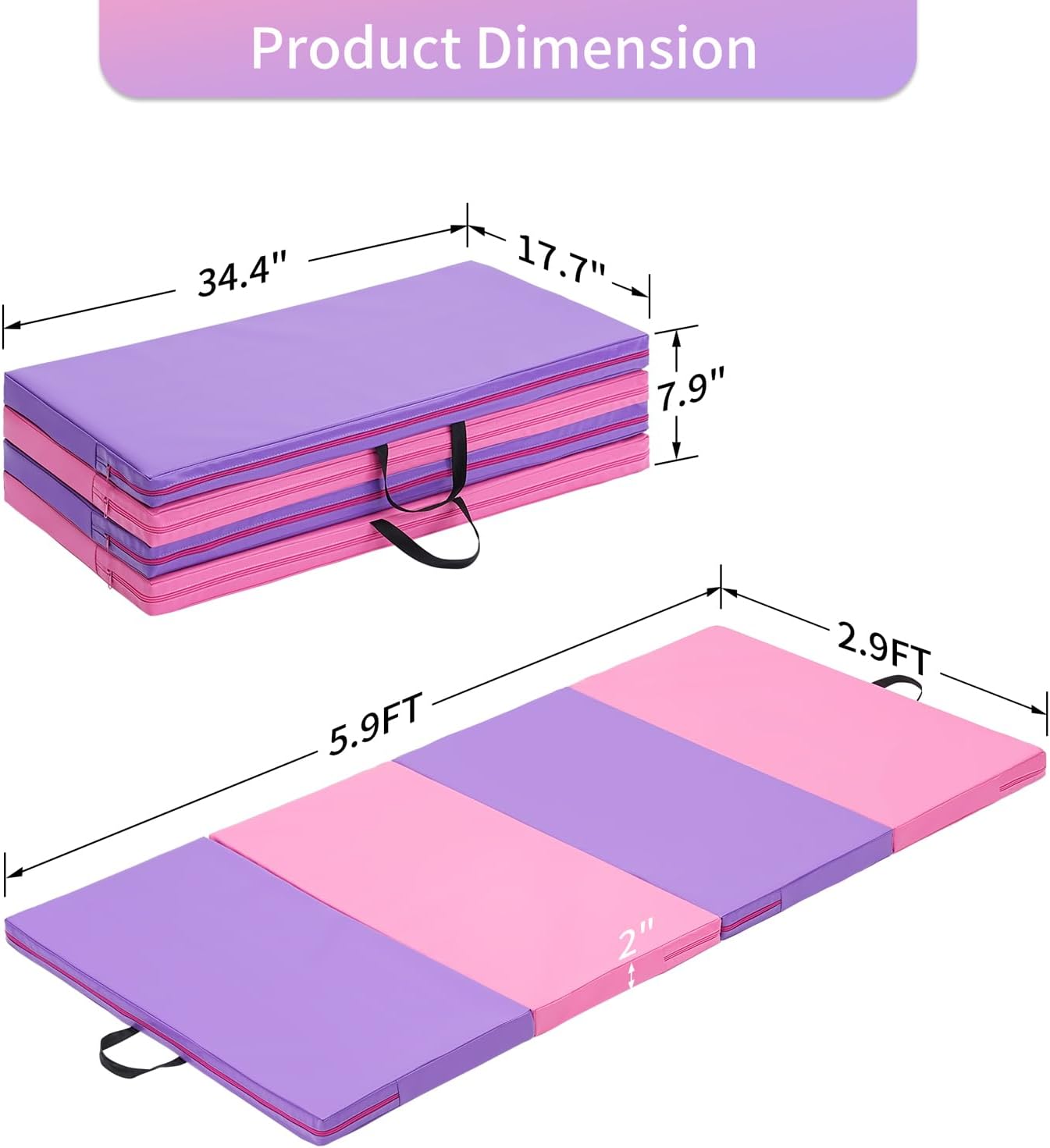 ZENOVA Gymnastics Mat - Foldable Exercise Mat for Home Workouts | 6'x3'x2'' & 4'x8'x2'' Options