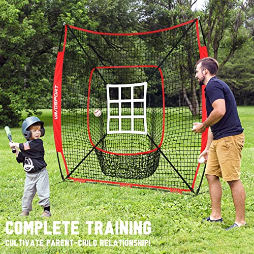 Baseball Net Set with Batting Tee & Ball Caddy - Portable Softball & Baseball Practice Equipment - Red