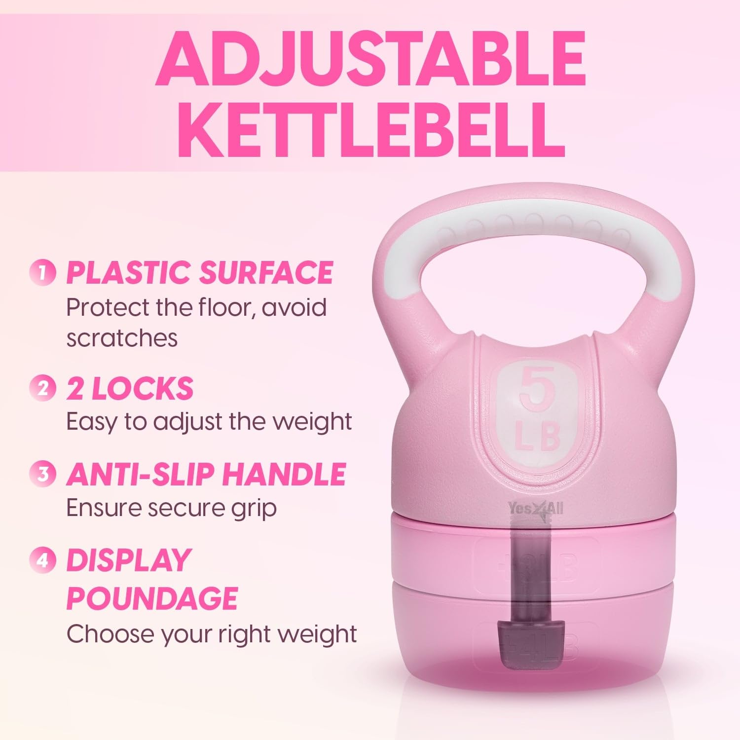 Yes4All Adjustable Kettlebell for Women – Pink Home Gym Set, 5lb–12lb Adjustable Weight, Compact Kettlebell Set for Strength Training